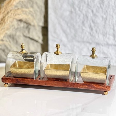 طقم /4 صينية خشب 42*13سم مستطيل +3 صحون نحاس هندي غطا زجاج 8239384 %ه5