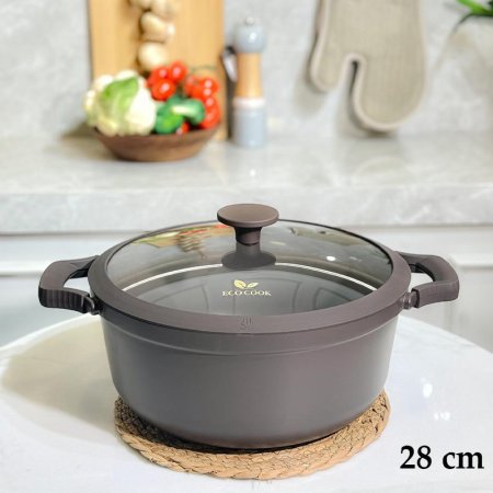 طنجرة جرانيت 28سم سكب بني BROWN غطا زجاج اطار ويدين جلدة ++B