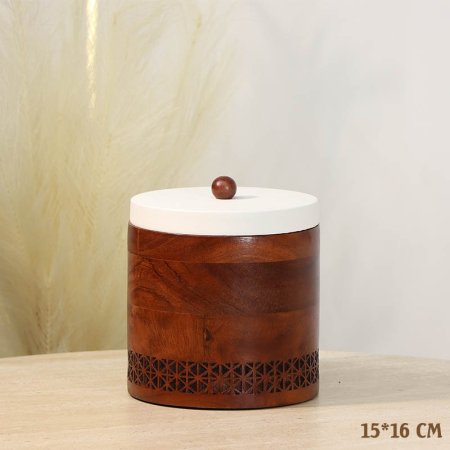 مضيفه سكاكر 16*15سم خشب مدور 72622-B محفر غطا تنك بيج %ه13