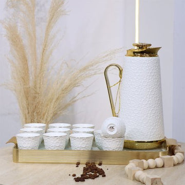 طقم/14 تيرموس قهوة+12 فنجان سادة بورسلان ابيض +صينية ذهبي BW06-14/S-WHITE ++و