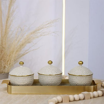 طقم/4 صينية زجاج +3 مضايف بورسلان بيج مزخرف اسلامي HJP14-4/S-KHAKI