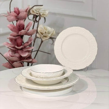 طقم صحون 24 قطعة بورسلان ابيض اطار مزخرف ورق حيف ذهبي  JMD0569 ++ع6