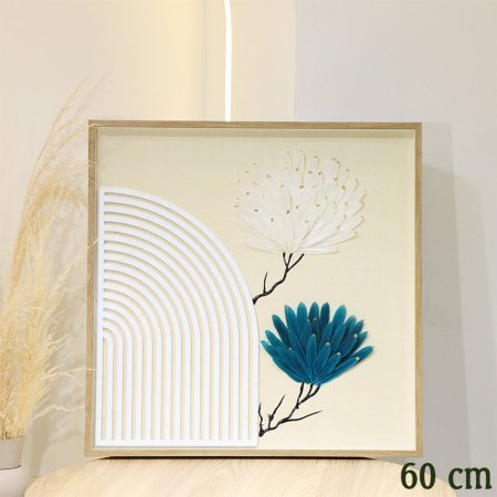 برواز مربع 60سم قماش بيج ورد ريش ابيض وتركواز زجاج اطار خشب EL47/6 =ط58