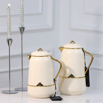طقم /2 تيرموس قهوة + شاي بلاستك 1لتر بيج حز ذهبي يد ذهبي LA001-Beige لالوزا ++ع5